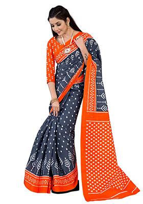 Dark Grey Printed Cotton Saree Set