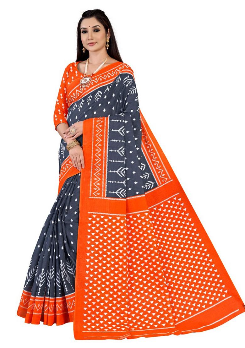 Dark Grey Printed Cotton Saree Set