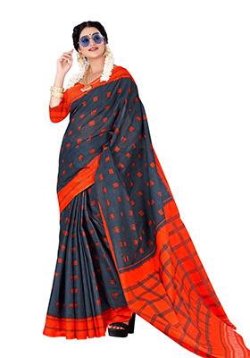 Dark Grey Printed Cotton Saree Set