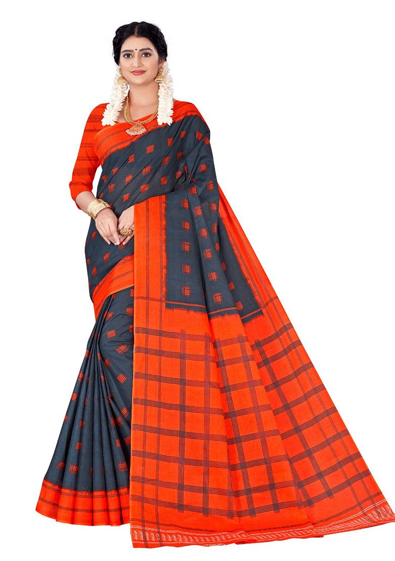 Dark Grey Printed Cotton Saree Set