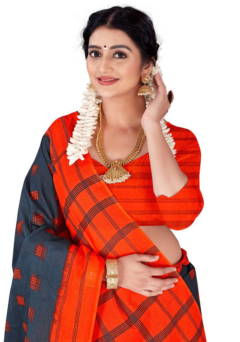 Dark Grey Printed Cotton Saree Set