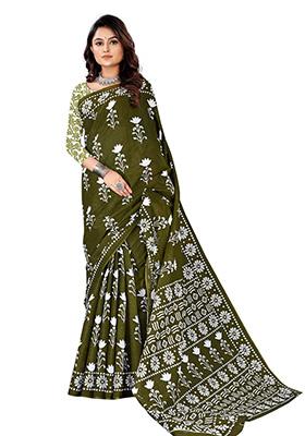 Olive Green Printed Cotton Saree Set