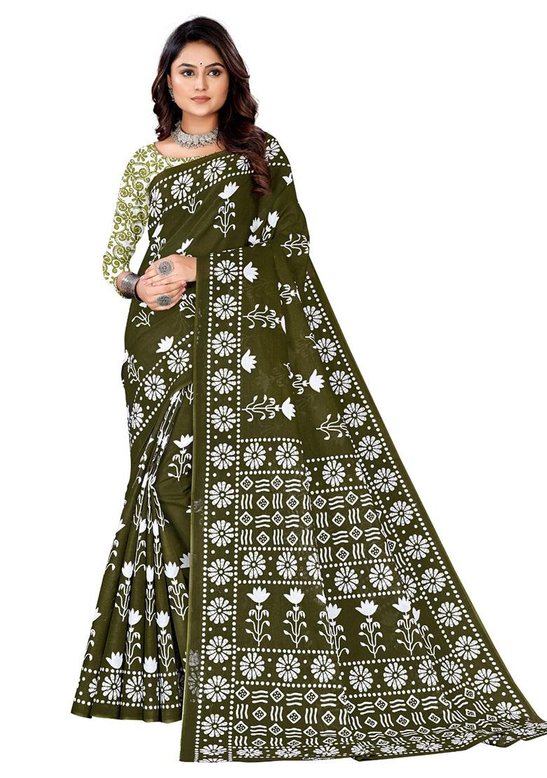 Olive Green Printed Cotton Saree Set
