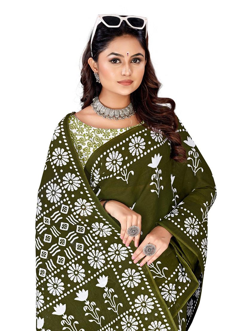 Olive Green Printed Cotton Saree Set