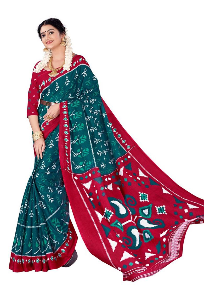 Dark Teal Printed Cotton Saree Set