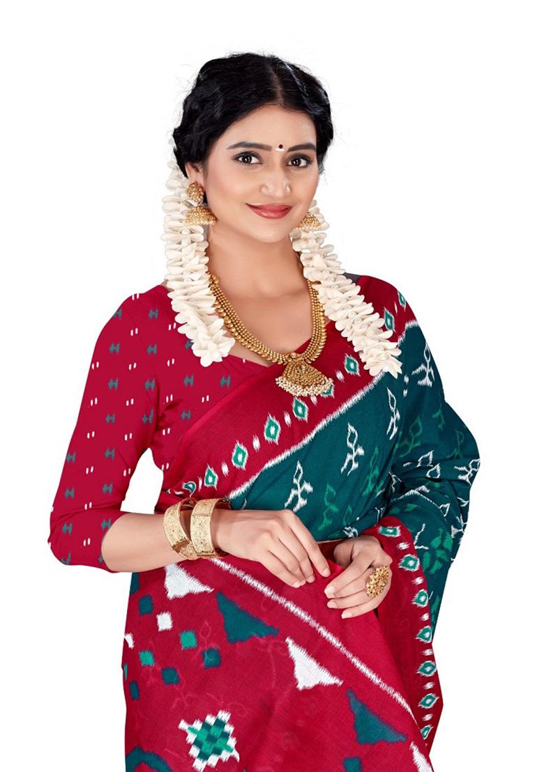 Dark Teal Printed Cotton Saree Set