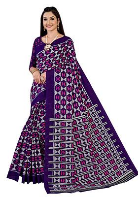 Purple Printed Cotton Saree Set