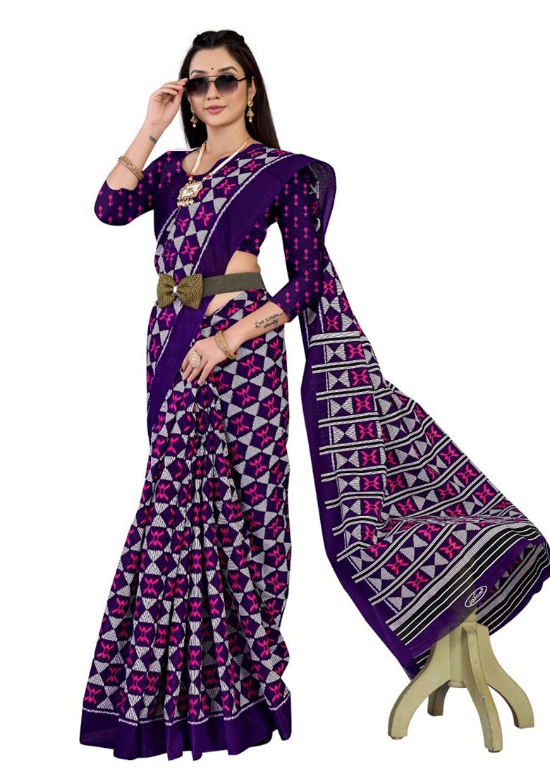 Purple Printed Cotton Saree Set