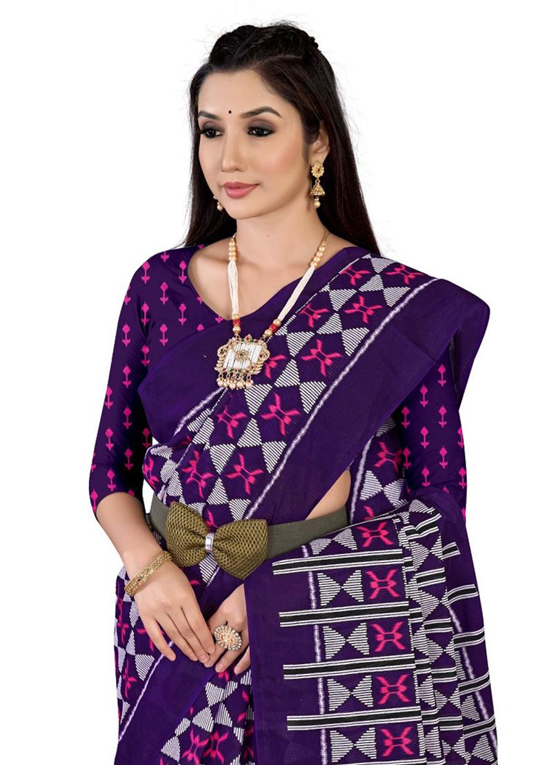 Purple Printed Cotton Saree Set