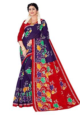Purple Printed Cotton Saree Set