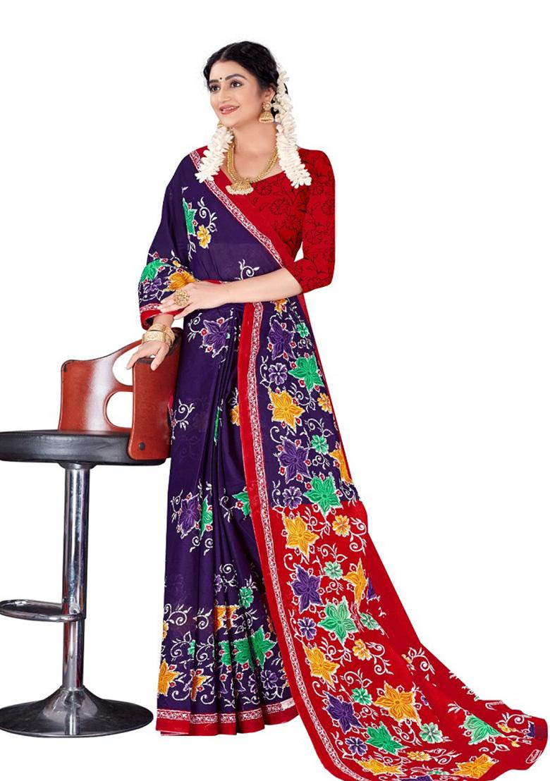 Purple Printed Cotton Saree Set