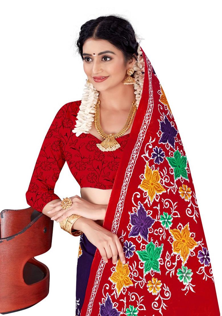 Purple Printed Cotton Saree Set