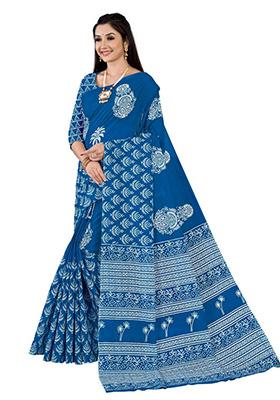 Sky Blue Printed Cotton Saree Set