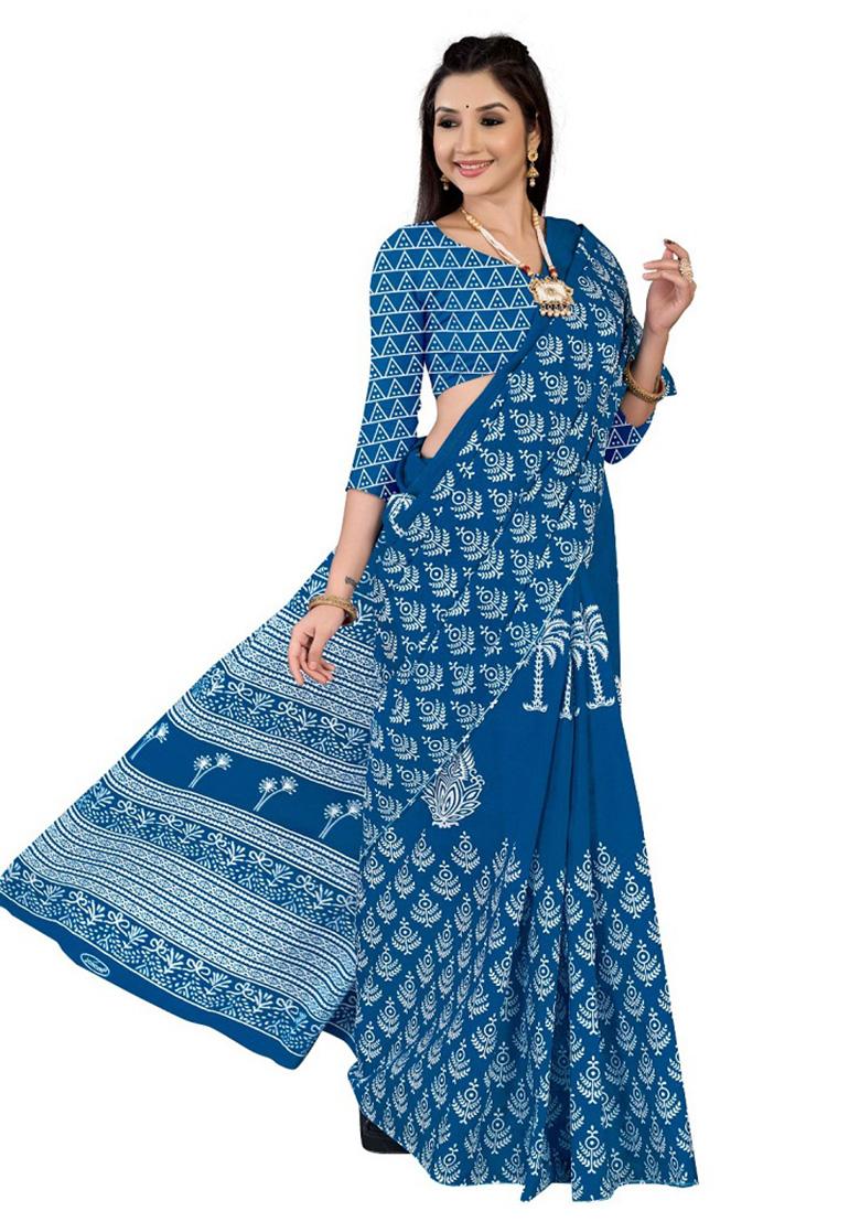 Sky Blue Printed Cotton Saree Set