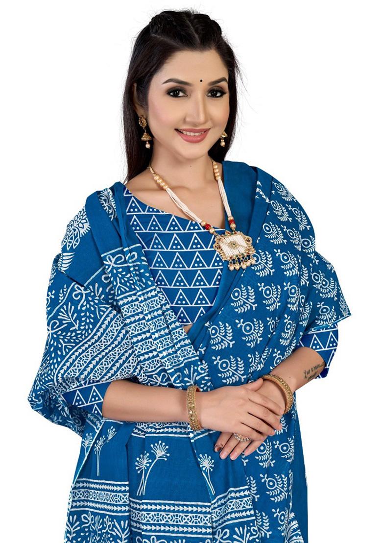 Sky Blue Printed Cotton Saree Set