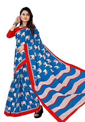 Sky Blue Printed Cotton Saree Set