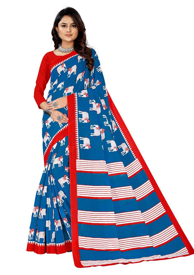 Sky Blue Printed Cotton Saree Set