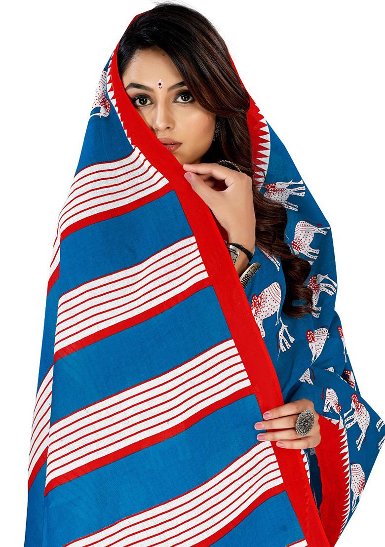 Sky Blue Printed Cotton Saree Set