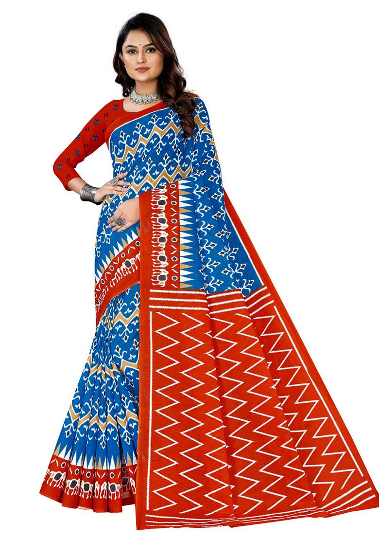 Sky Blue Printed Cotton Saree Set