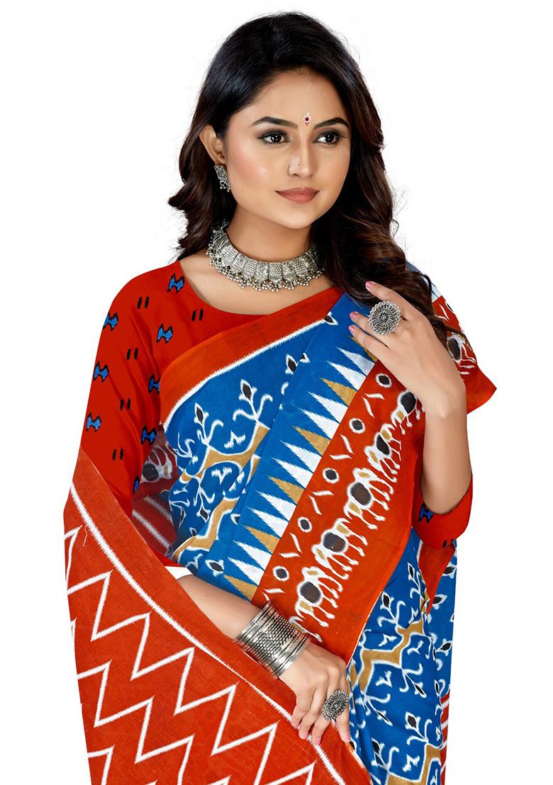 Sky Blue Printed Cotton Saree Set