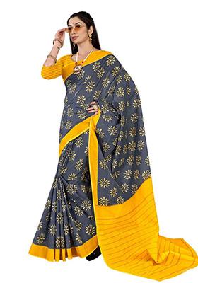 Grey Printed Cotton Saree Set