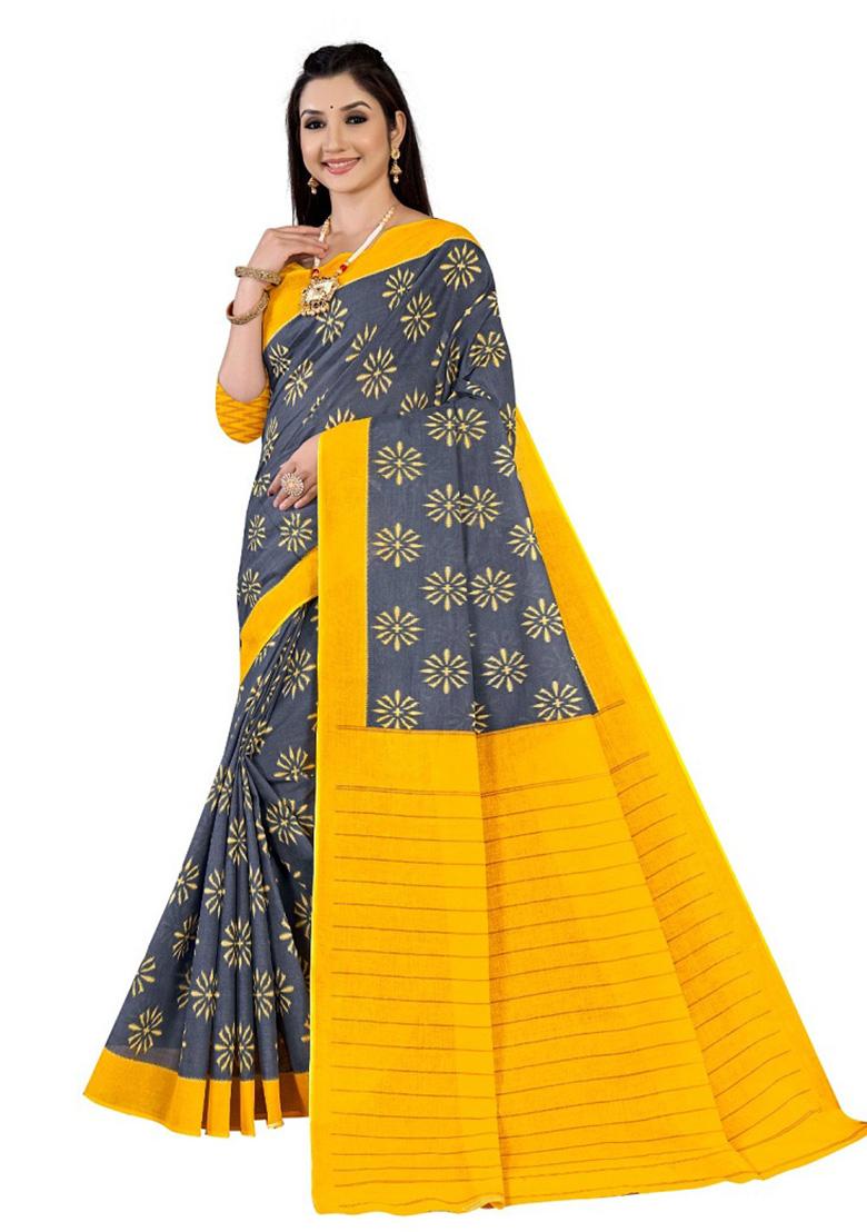 Grey Printed Cotton Saree Set
