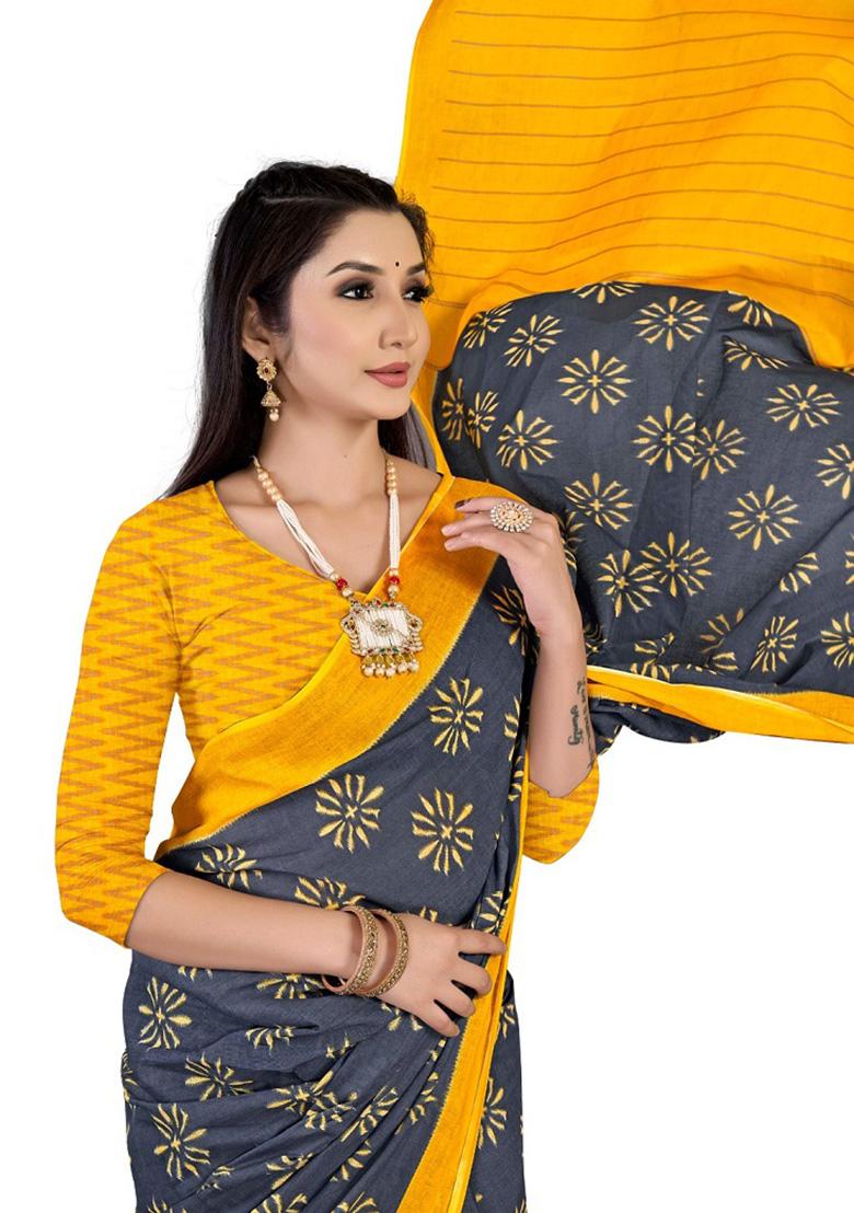 Grey Printed Cotton Saree Set