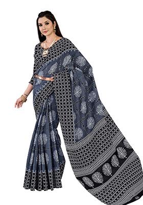 Grey Printed Cotton Saree Set