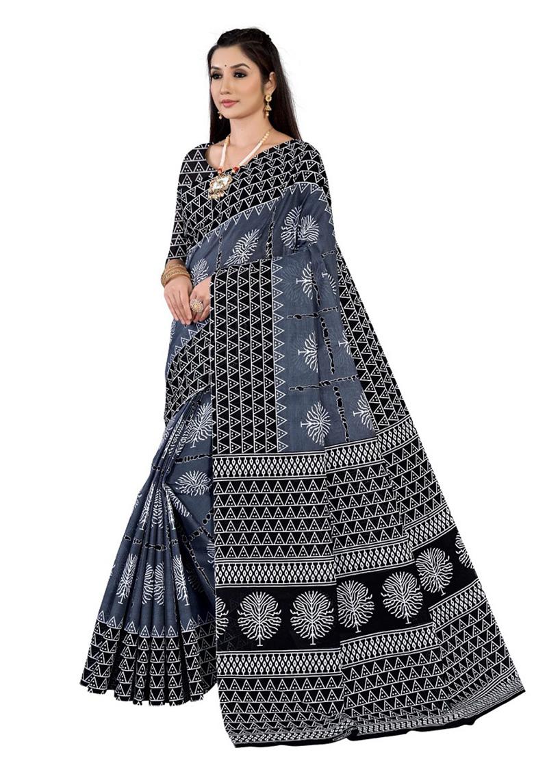 Grey Printed Cotton Saree Set