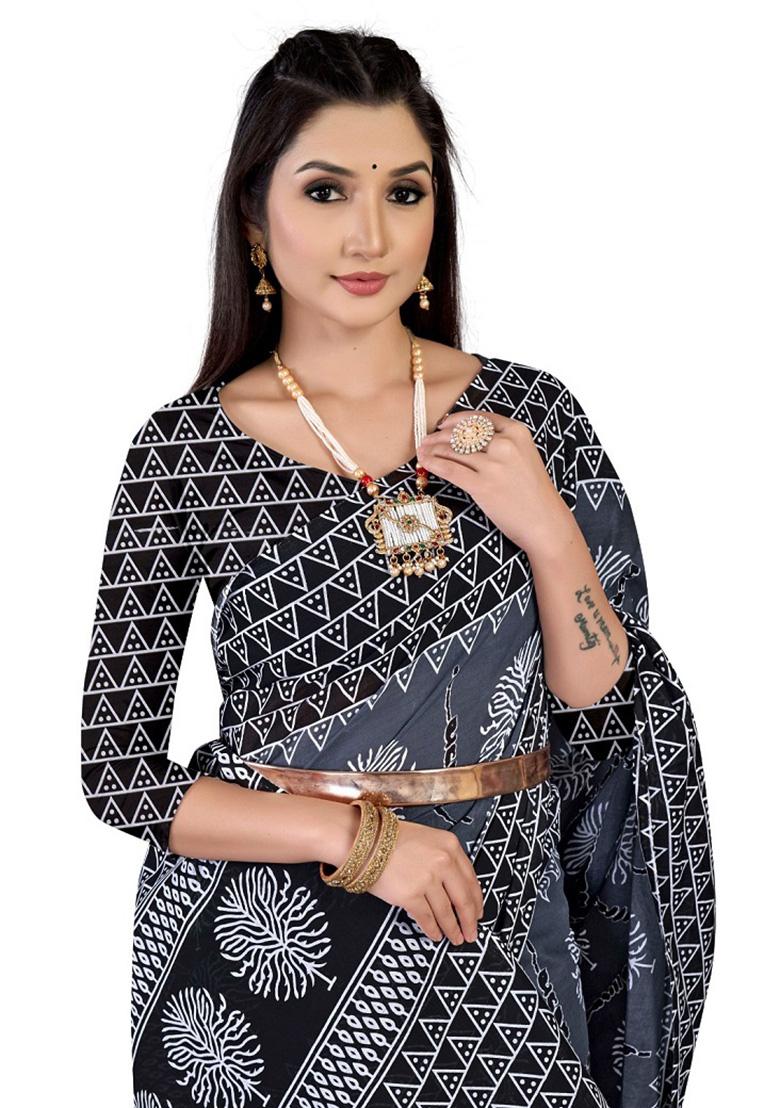 Grey Printed Cotton Saree Set