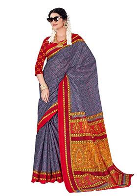 Grey Printed Cotton Saree Set