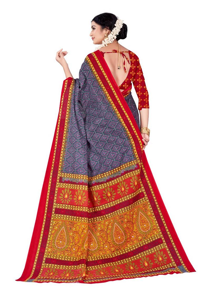 Grey Printed Cotton Saree Set