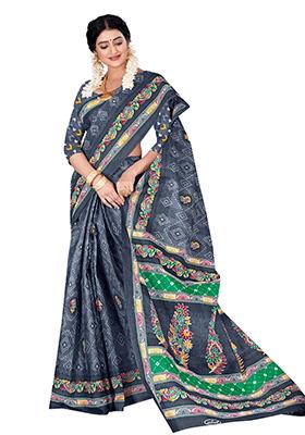 Grey Printed Cotton Saree Set