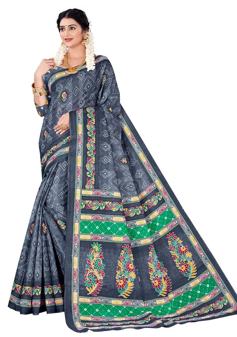 Grey Printed Cotton Saree Set