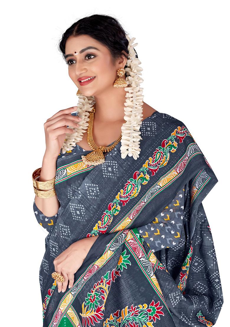 Grey Printed Cotton Saree Set