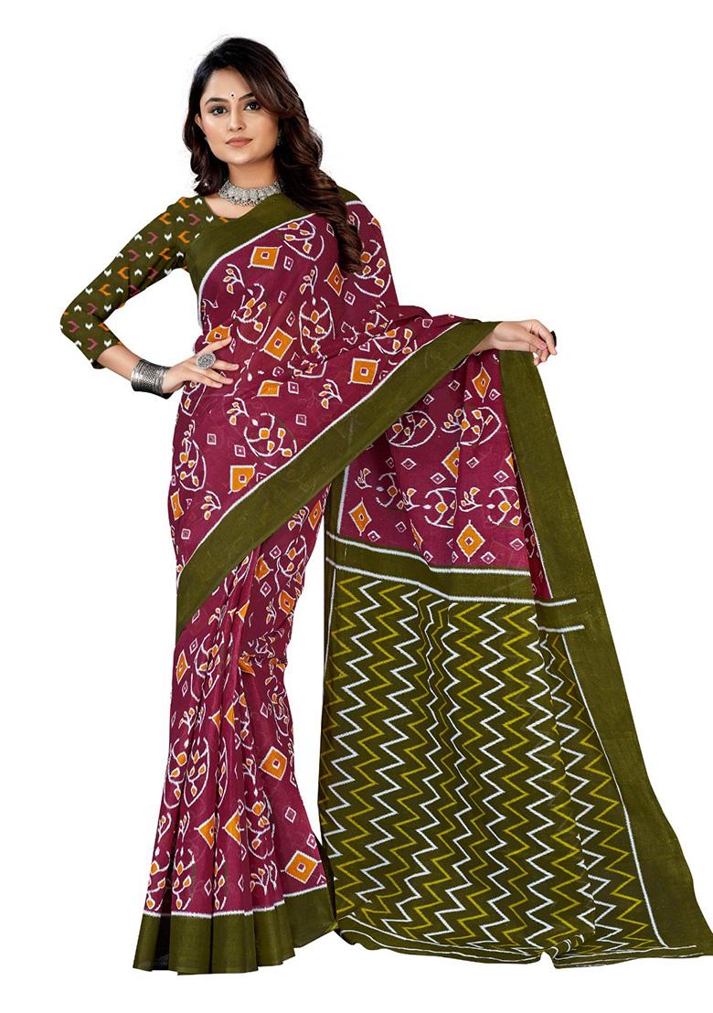 Maroon Printed Cotton Saree Set