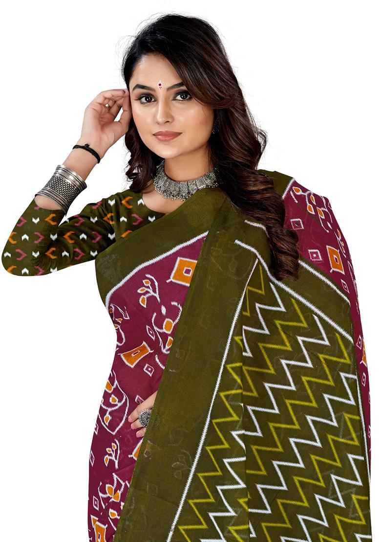 Maroon Printed Cotton Saree Set