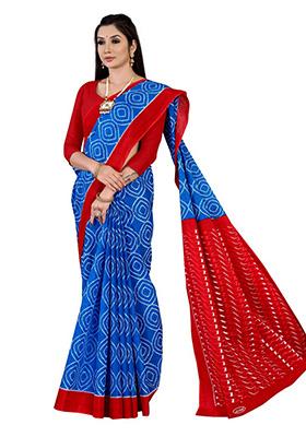 Navy Blue Printed Cotton Saree Set