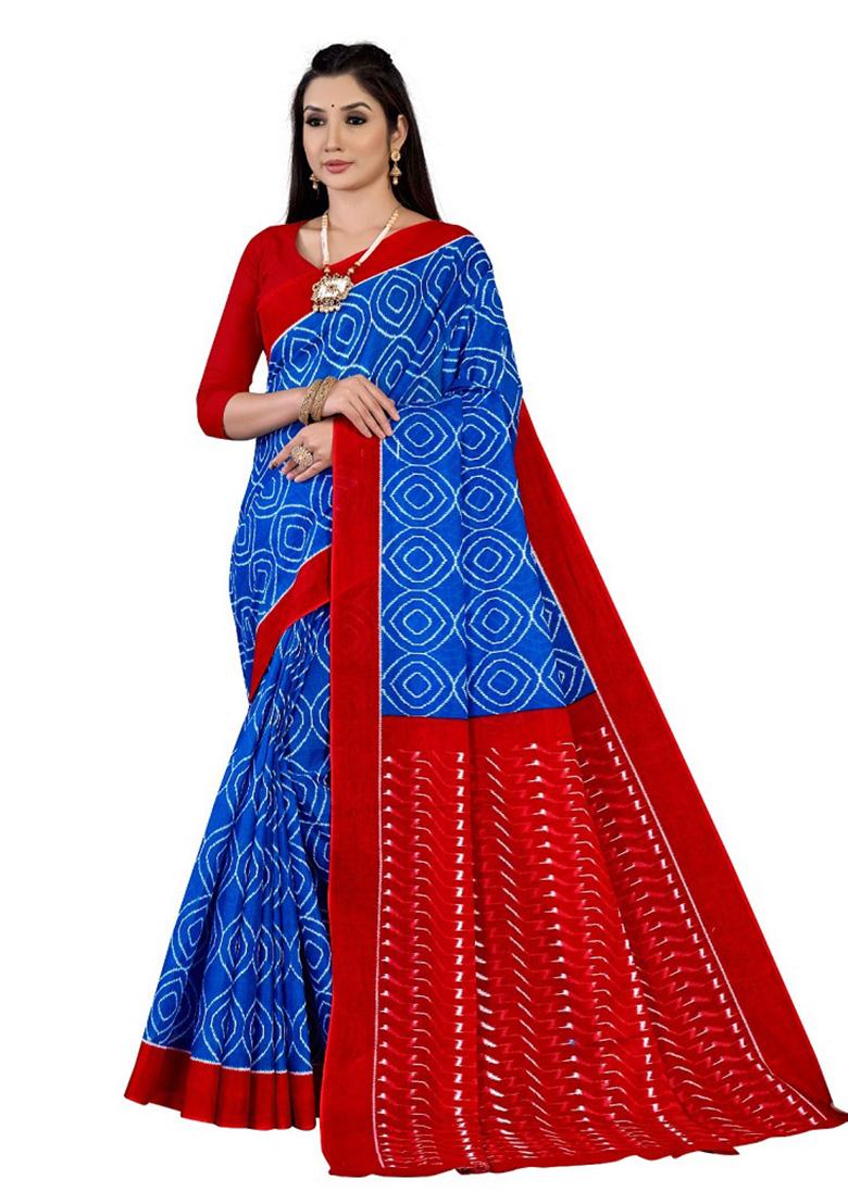 Navy Blue Printed Cotton Saree Set