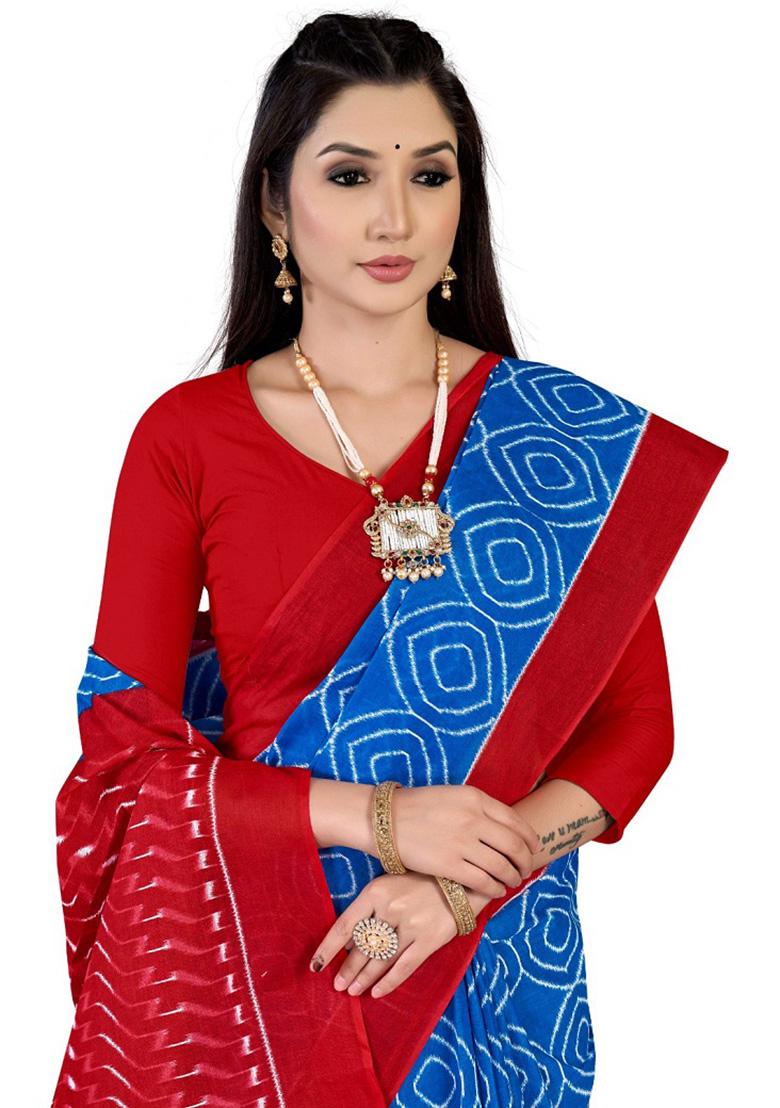 Navy Blue Printed Cotton Saree Set