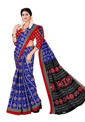 Navy Blue Printed Cotton Saree Set