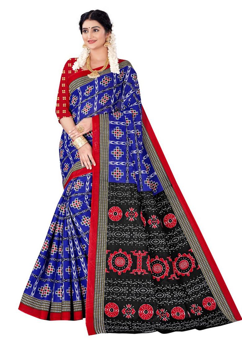Navy Blue Printed Cotton Saree Set