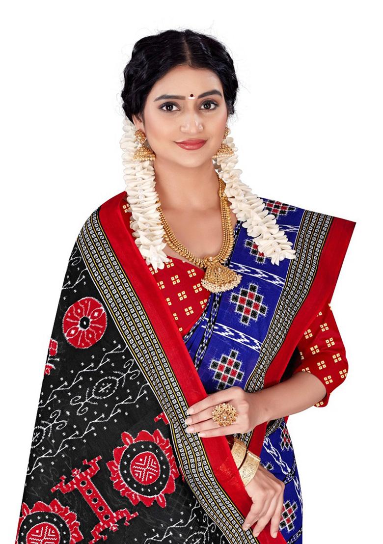 Navy Blue Printed Cotton Saree Set