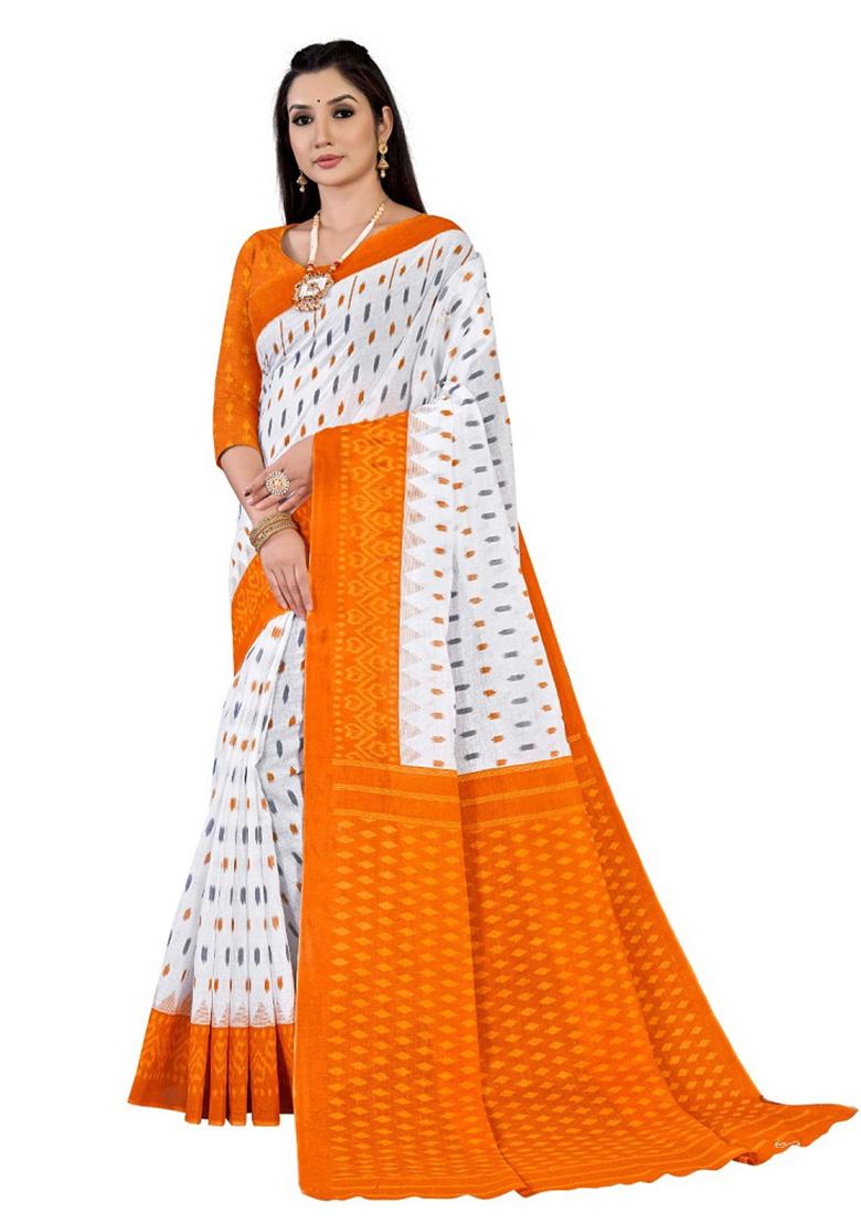 Off-White Printed Cotton Saree Set