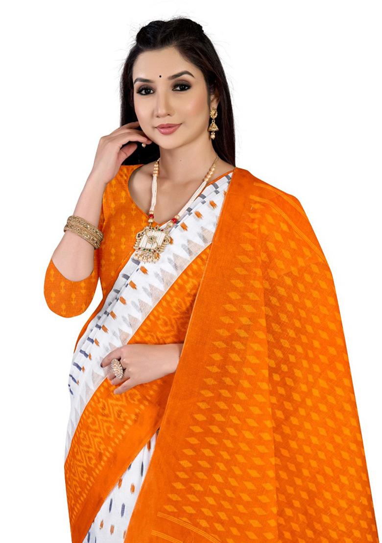 Off-White Printed Cotton Saree Set