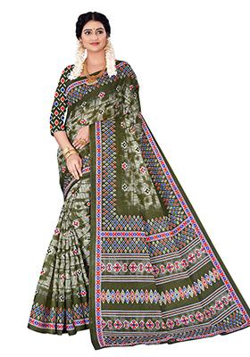 Olive Green Printed Cotton Saree Set