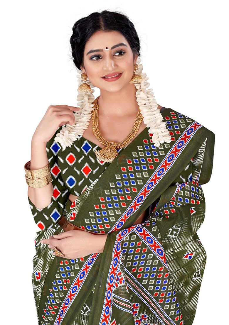 Olive Green Printed Cotton Saree Set