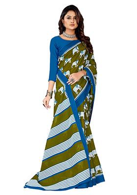 Olive Green Printed Cotton Saree Set