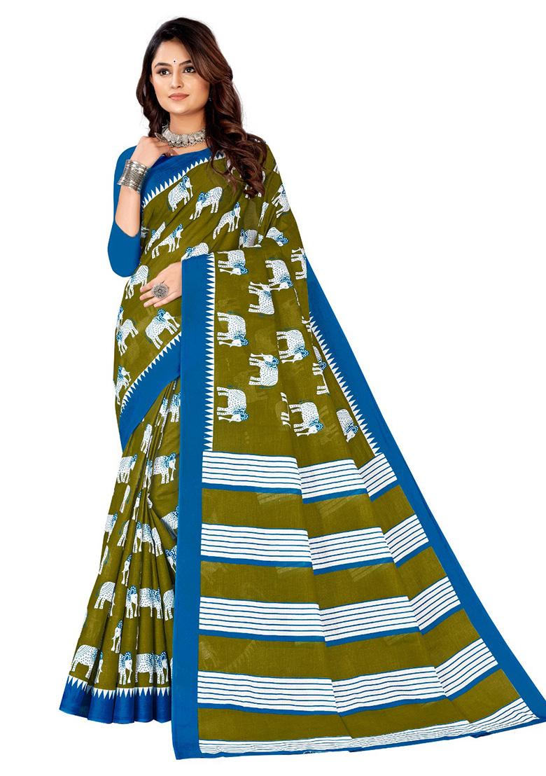 Olive Green Printed Cotton Saree Set