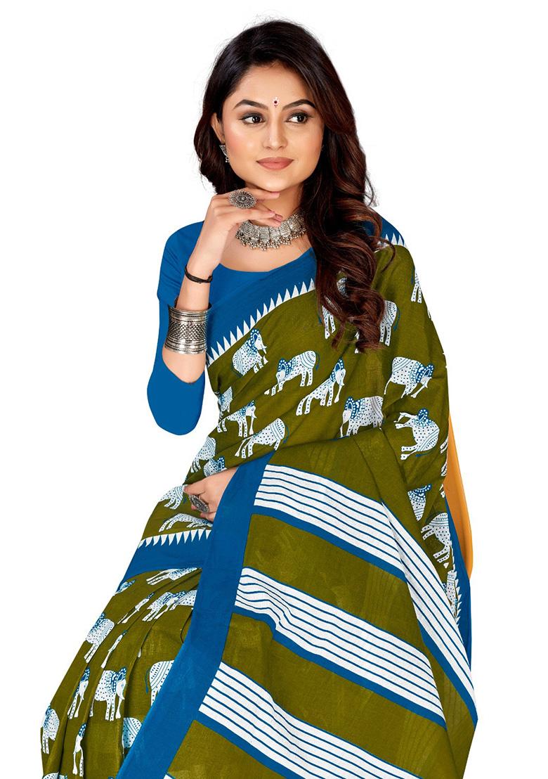 Olive Green Printed Cotton Saree Set